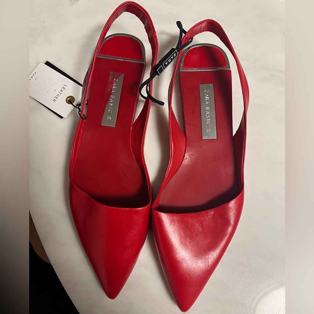 Brand new with tags: Zara Leather Red Flats in size 39/8. 8.5